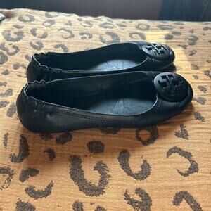 TORY BURCH Blacked Out Minnie Travel Ballet Flat Womens 7 Black Leather Comfort
